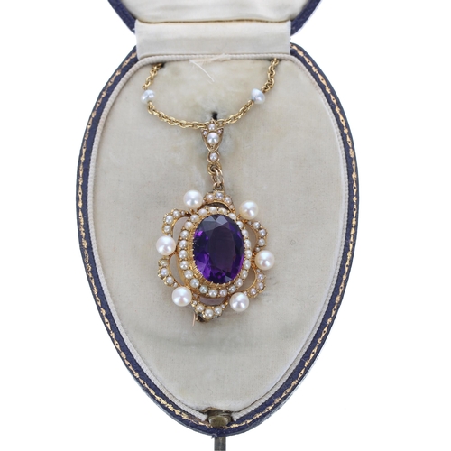 319 - Attractive Victorian amethyst and pearl oval pendant/brooch, 8.7gm, 46mm x 27mm; on a slender pearl ... 