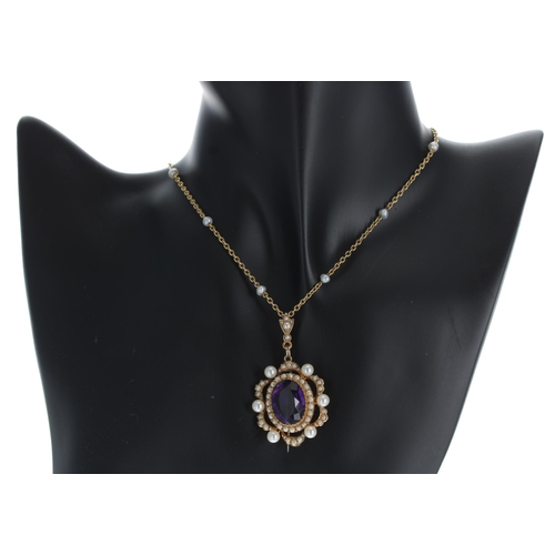 319 - Attractive Victorian amethyst and pearl oval pendant/brooch, 8.7gm, 46mm x 27mm; on a slender pearl ... 