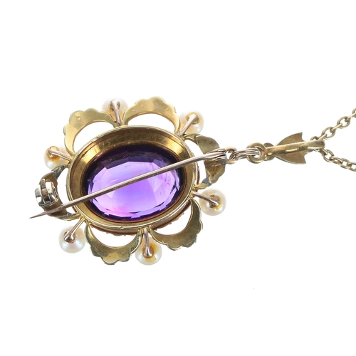 319 - Attractive Victorian amethyst and pearl oval pendant/brooch, 8.7gm, 46mm x 27mm; on a slender pearl ... 