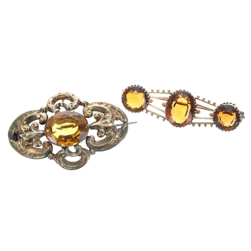 312 - Victorian gold open scrollwork citrine brooch, 11.6gm, 33mm x 52mm; with another gold triple citrine... 