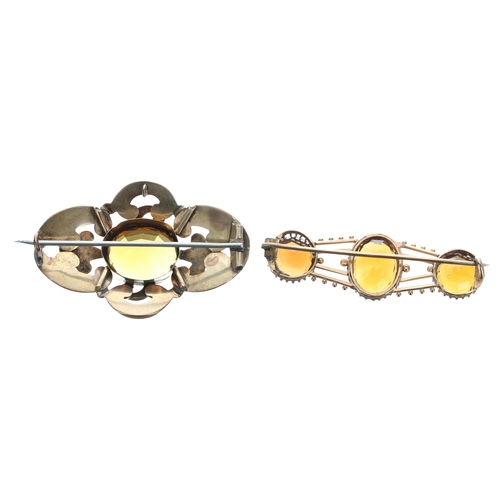 312 - Victorian gold open scrollwork citrine brooch, 11.6gm, 33mm x 52mm; with another gold triple citrine... 