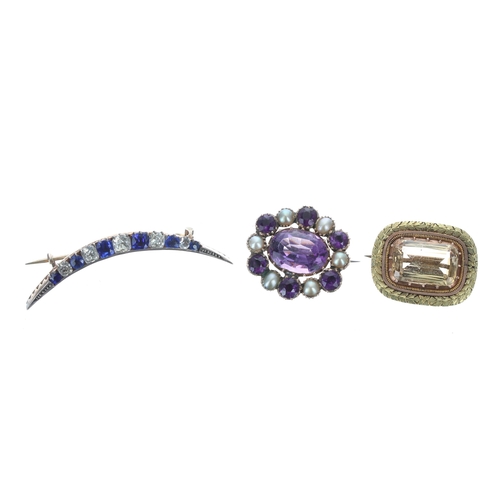 287 - Victorian gold backed amethyst and pearl oval cluster brooch, 4.8gm, 21mm x 23mm; antique citrine se... 