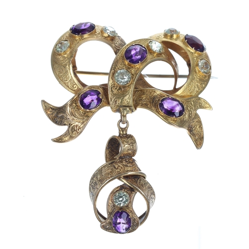 285 - Victorian yellow metal bow design drop brooch, set with amethyst and chrysoberyl in an engraved moun... 