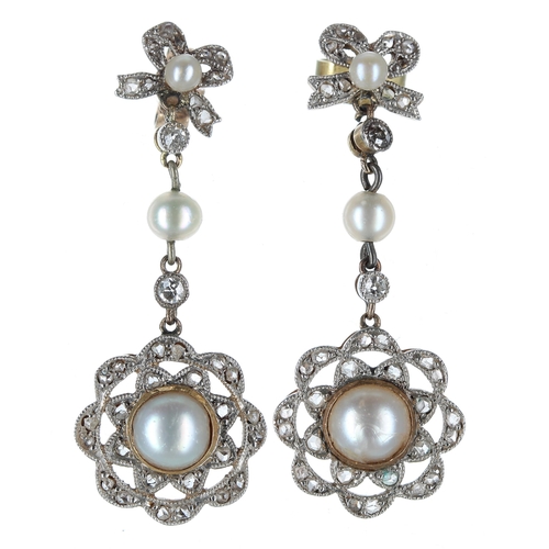 273 - Attractive pair of antique pearl and diamond drop earrings, butterfly post backs, 5gm, drop 36mm... 