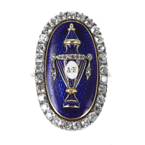 341 - Fine Georgian gold blue enamel and diamond urn oval mourning ring, the diamond set funerary urn with... 