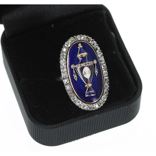 341 - Fine Georgian gold blue enamel and diamond urn oval mourning ring, the diamond set funerary urn with... 