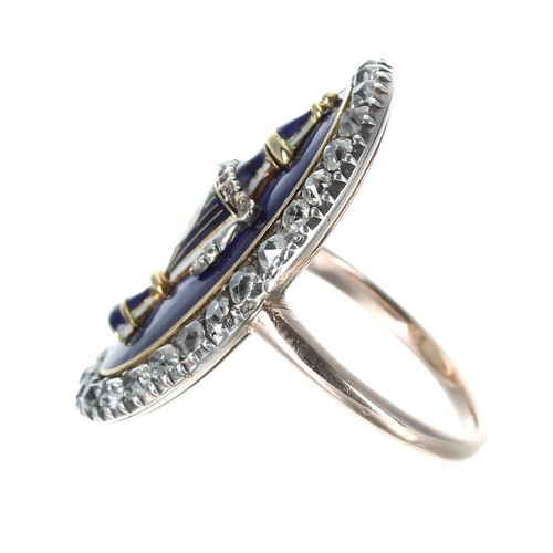 341 - Fine Georgian gold blue enamel and diamond urn oval mourning ring, the diamond set funerary urn with... 