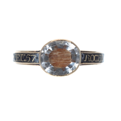 331 - Good 18th century rock crystal and black enamel gold mourning ring, the oval crystal with a display ... 