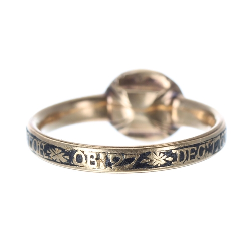 331 - Good 18th century rock crystal and black enamel gold mourning ring, the oval crystal with a display ... 