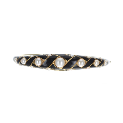 332 - Fine 19th century black enamel and pearl set gold hinged mourning bangle, 18.2gm, width 10.5mm, 61mm... 