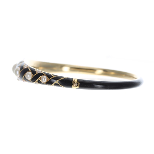 332 - Fine 19th century black enamel and pearl set gold hinged mourning bangle, 18.2gm, width 10.5mm, 61mm... 