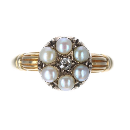 333 - 19th century 18ct pearl and diamond cluster mourning ring, the centre old-cut diamond in a border of... 