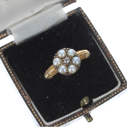 333 - 19th century 18ct pearl and diamond cluster mourning ring, the centre old-cut diamond in a border of... 