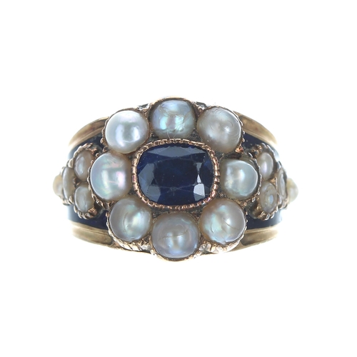 336 - George IV 18ct enamel, pearl and blue gem set mourning ring, London 1826, width 13.5mm, 6.2gm, ring ... 