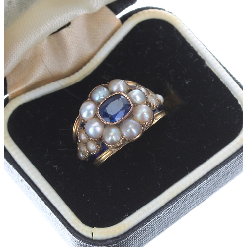 336 - George IV 18ct enamel, pearl and blue gem set mourning ring, London 1826, width 13.5mm, 6.2gm, ring ... 