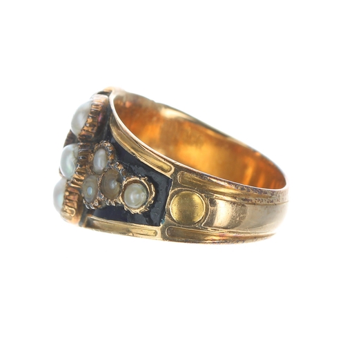 336 - George IV 18ct enamel, pearl and blue gem set mourning ring, London 1826, width 13.5mm, 6.2gm, ring ... 