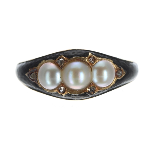 338 - Victorian gold and black enamel pearl and diamond set mourning ring, with three centred pearls and s... 