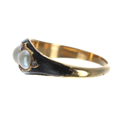 338 - Victorian gold and black enamel pearl and diamond set mourning ring, with three centred pearls and s... 