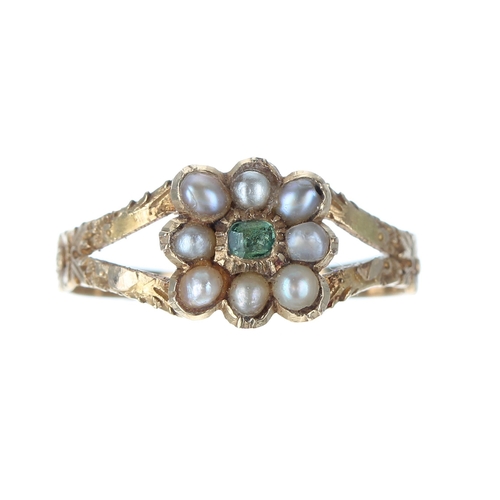 340 - Pretty antique gold pearl and peridot set mourning ring, width 8mm, 1.4gm, ring size K/L** with a pe... 