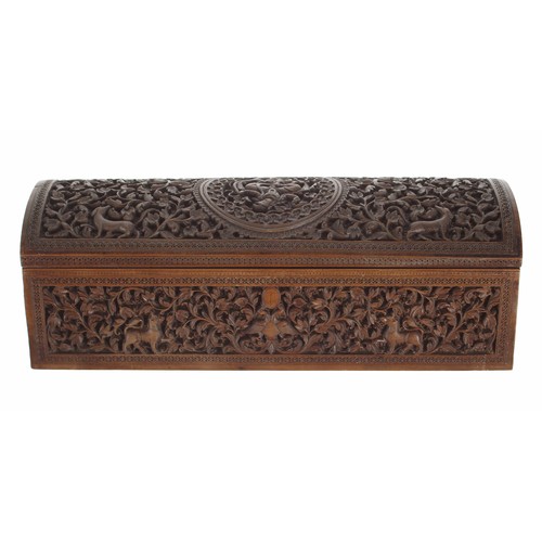 570 - Fine 19th century Anglo Indian carved sandalwood box and cover, the domed hinged cover and four side... 