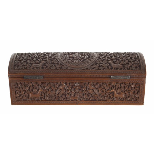 570 - Fine 19th century Anglo Indian carved sandalwood box and cover, the domed hinged cover and four side... 