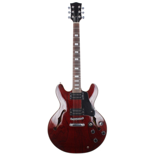 235 - 1980s Columbus semi-hollow body electric guitar; Body: wine red finish, surface buckle marks to back... 