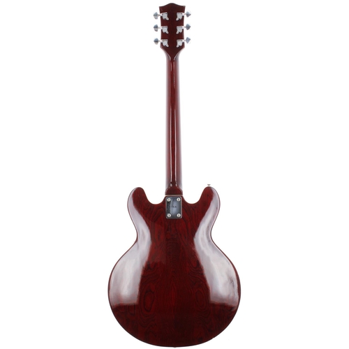 235 - 1980s Columbus semi-hollow body electric guitar; Body: wine red finish, surface buckle marks to back... 