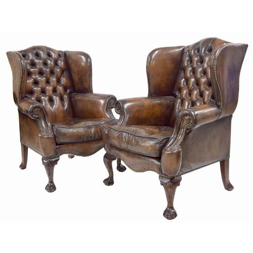 788 - Fine pair of Chesterfield leather wing back armchairs, on shell carved cabriole legs terminating on ... 