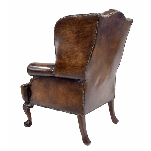 788 - Fine pair of Chesterfield leather wing back armchairs, on shell carved cabriole legs terminating on ... 