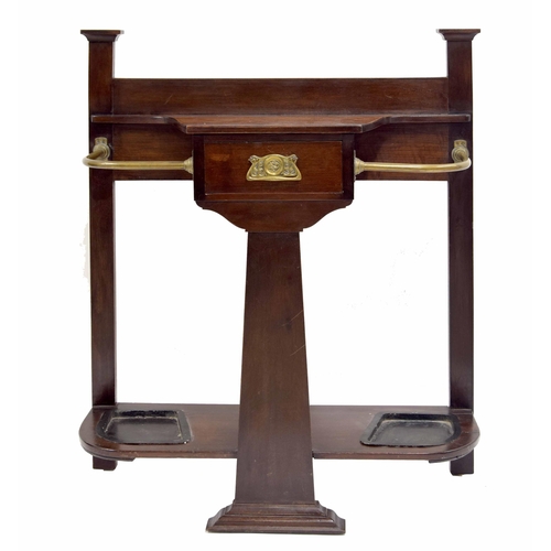 770 - Arts & Crafts mahogany hall stand stamped Maple & Co., with brass rails aside a central slim... 