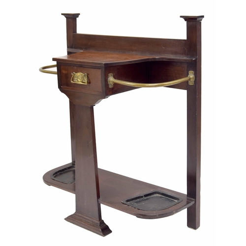 770 - Arts & Crafts mahogany hall stand stamped Maple & Co., with brass rails aside a central slim... 