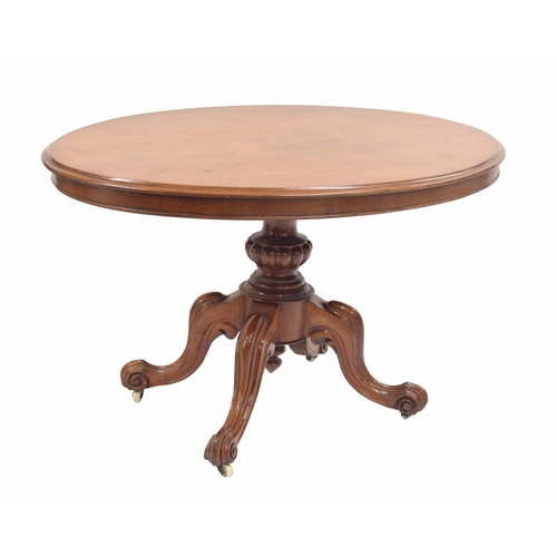 783 - Victorian oval mahogany tilt-top loo table, the moulded top over a central support raised on carved ... 