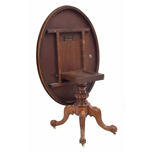 783 - Victorian oval mahogany tilt-top loo table, the moulded top over a central support raised on carved ... 