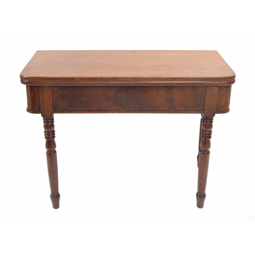 775 - 19th century mahogany fold over tea table, plain folding top over shaped frieze raised on turned leg... 