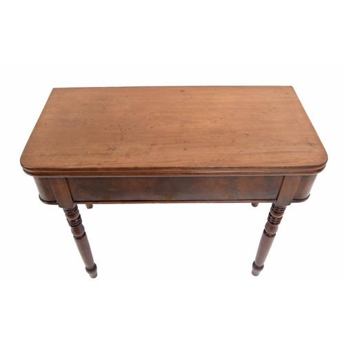 775 - 19th century mahogany fold over tea table, plain folding top over shaped frieze raised on turned leg... 