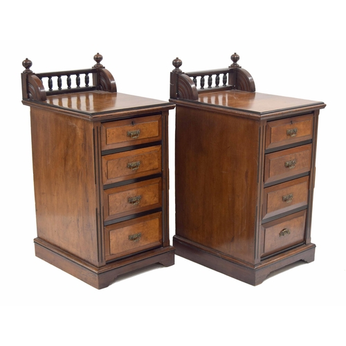 772 - Pair of late Victorian walnut and ebony bedside chest of drawers, with raised gallery backs over mou... 