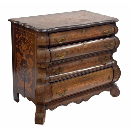 765 - Early 19th century Dutch marquetry bombé chest of drawers, the top decorated with an urn, flowers an... 