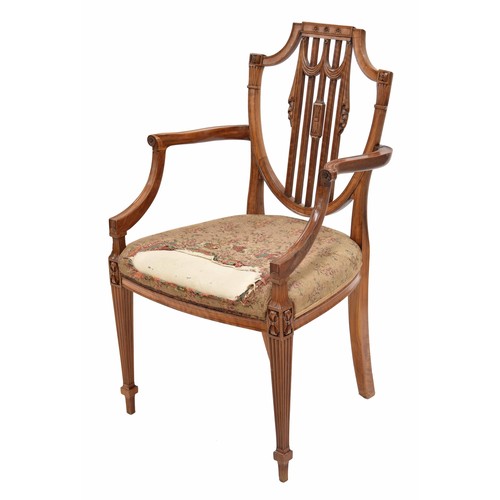 762 - Hepplewhite style satinwood shield back carver armchair, with carved swag and rosette decoration, ov... 