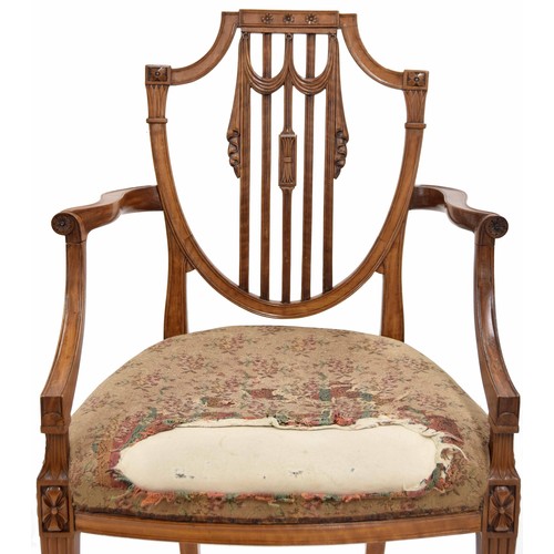 762 - Hepplewhite style satinwood shield back carver armchair, with carved swag and rosette decoration, ov... 