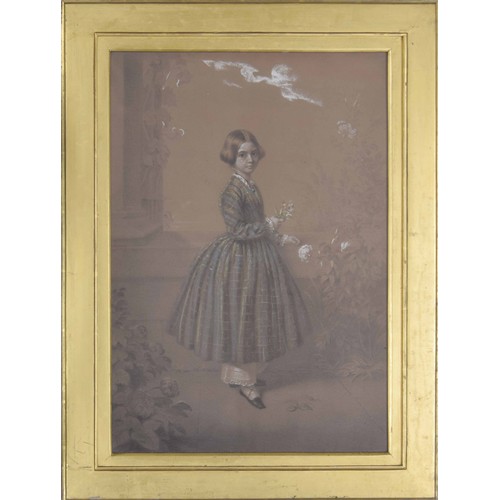 652 - R*A* Clack (19th century) - portrait of a young girl, standing wearing a tartan dress and holding fl... 