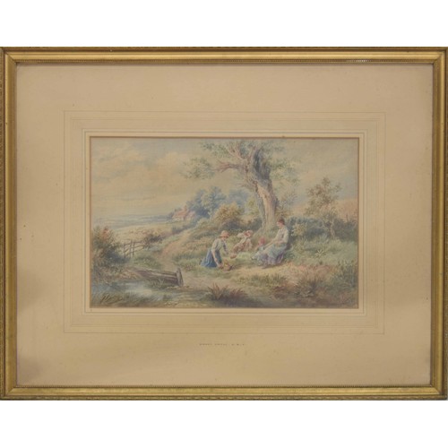 656 - After Myles Birkett Foster (19th century) - children picnicking beside a tree with sheep grazing in ... 