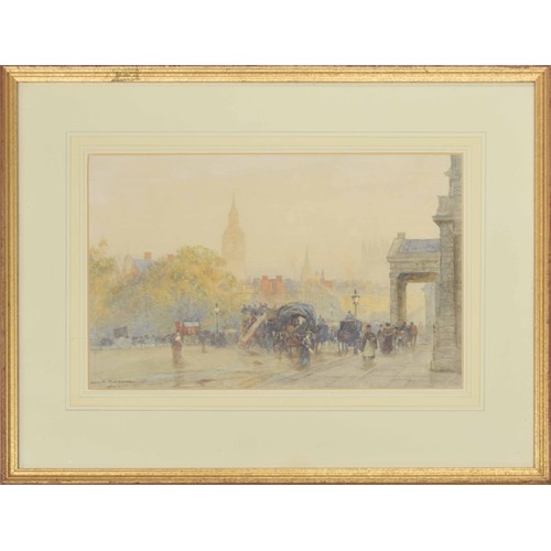 681 - Herbert Menzies Marshall RWS (1841-1913) - London street scene with carriages and trams, figures on ... 