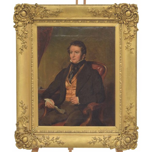 704 - English School (19th century) - Portrait of a gentleman seated in a chair holding a document in his ... 