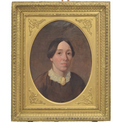 708 - English School (19th century) - Portrait of a lady head and shoulders, wearing a brown dress with a ... 