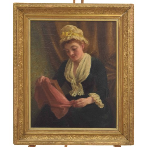 702 - English School (19th century) - Figurative subject of a lady seated holding a picture partially drap... 