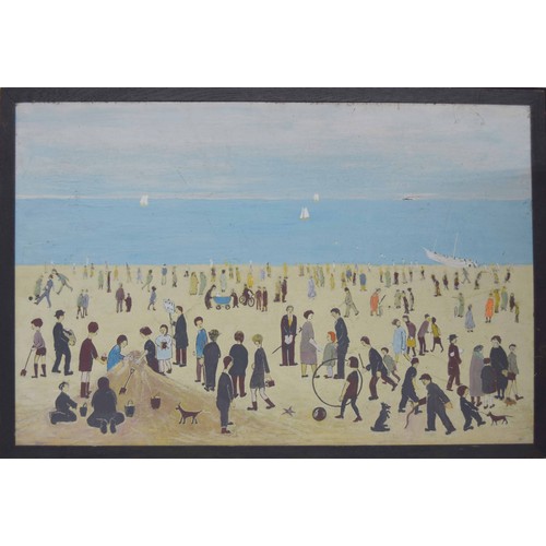 716 - Style of Helen Layfield Bradley MBE (1900-1979) - 'At The Seaside', figures on a beach with boats on... 