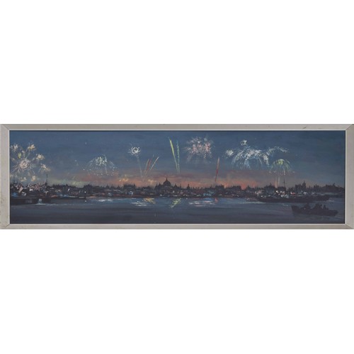 687 - Leonard Kingswood (20th century) - fireworks above a London panorama with The Thames in the foregrou... 