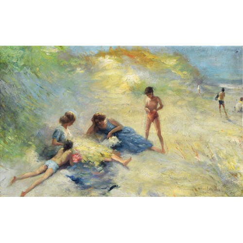 715 - Follower of Max Liebemann (20th/21st century) - family on a sunlit beach, with sand dunes behind, be... 