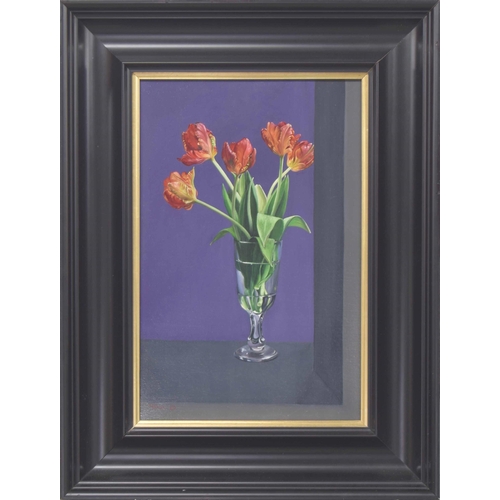 730 - Tobias (Toby) Harrison (b.1950) - still life of tulips in a glass contained within a niche signed To... 