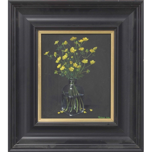 731 - Tobias (Toby) Harrison (b.1950) - still life of buttercups within a glass bottle signed Tobias and n... 